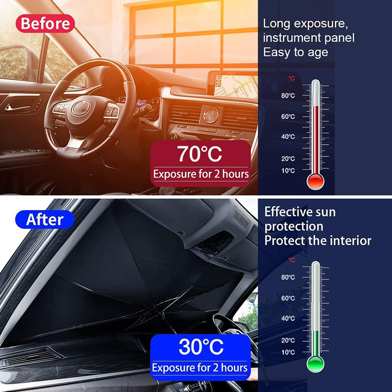 מטריה לכיסוי שמשת הרכב למניעת התחממות  מגן שמש לרכב להגנה ושמירת טמפרטורה נוחה מפחית בלאי הרכב שנוצר מחום השמש
